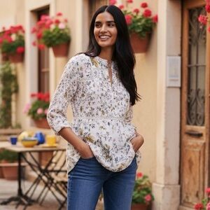 Anthro Ginevra Floral Lace Babydoll Blouse Cotton Boho Top Size S